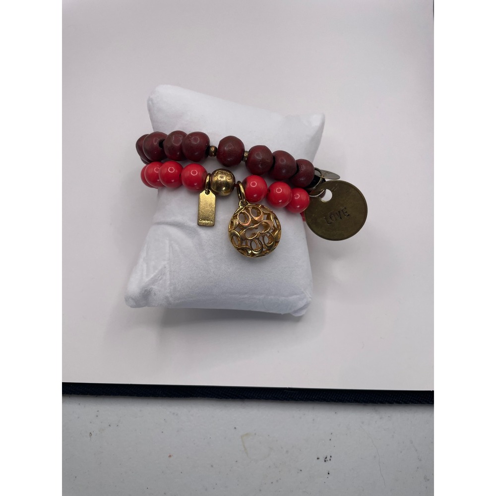 Coach Stella & Dot Bracelet Set Womens OS Red Burgundy Beaded Charm Boho Stack